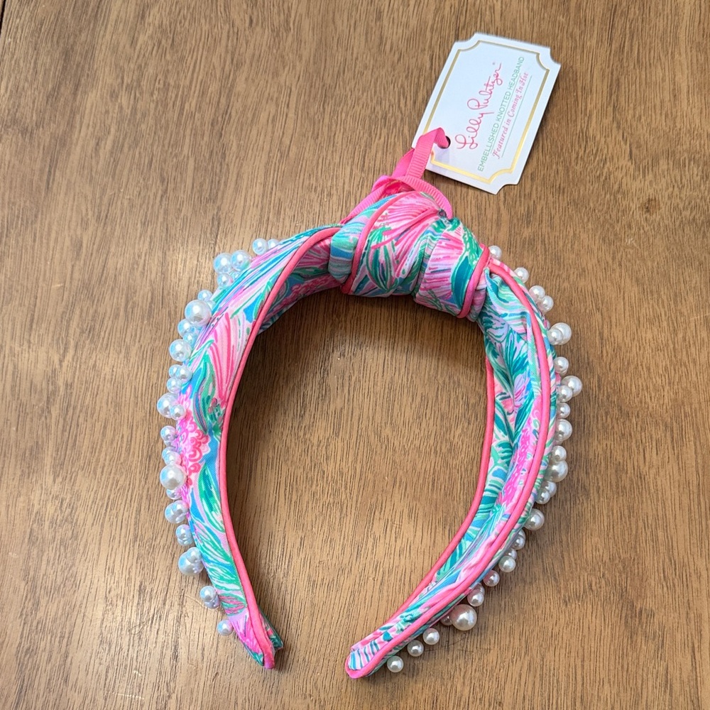 Lilly Pulitzer Vibrant Pink and Green Pearl And Satin Headband